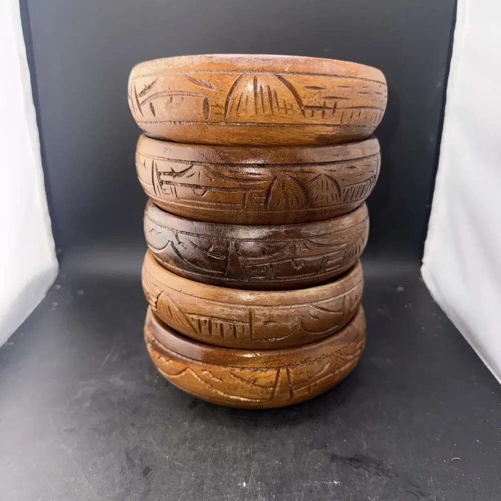 Set of 5 Hand Carved Monkey Pod Wood Bowls Asian Landscape Serving Bowls